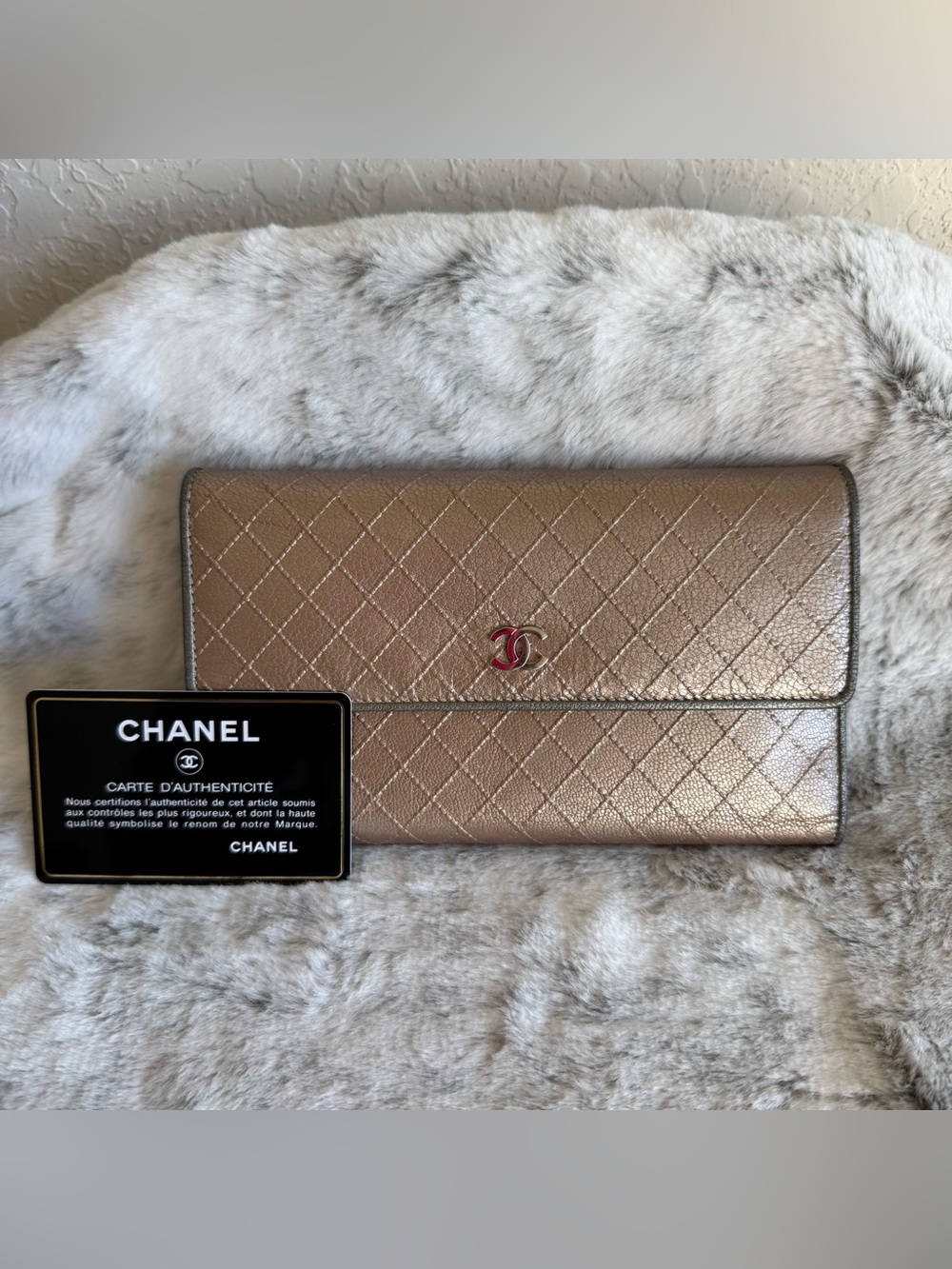 CHANEL Metallic Diamond Quilted Trifold Wallet Champagne Gold Calfskin CC P0311